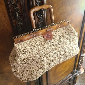 Patricia Nash Wooden Frame Woven Crochet Straw Satchel Handbag Purse